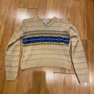 Free People Beige and Blue Knit Sweater Cropped